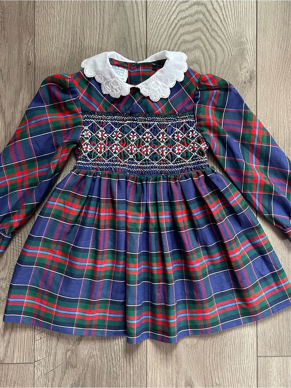 Vintage Polly Flinders Plaid Floral Smocked Toddler Size 4 Long Sleeve Dress